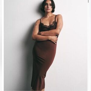 Zara Brown Slip Dress with Black Lace Trim